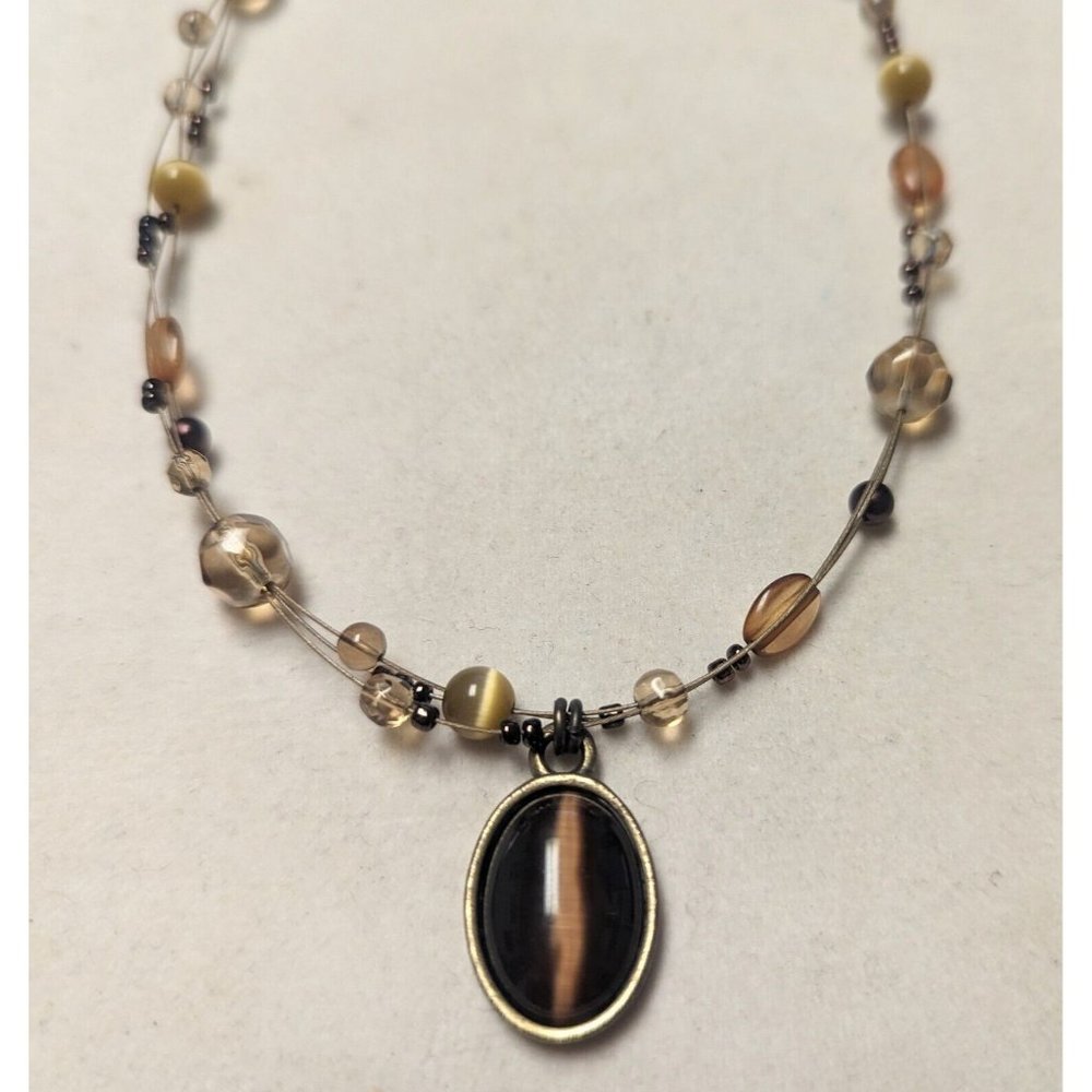Lovely NY Tigers Eye Pendant Beaded Necklace Brown Tones Fall 18" - Picture 2 of 7